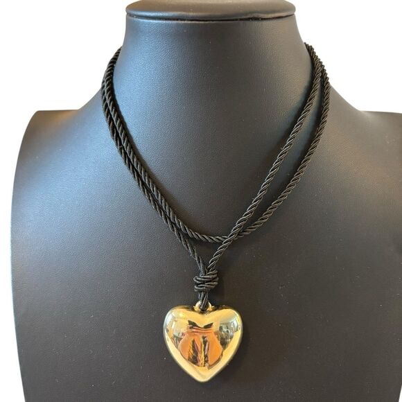 Bubble Heart Gold Tone Choker Pendant Necklace on Sleek Black Cord. - Picture 1 of 5